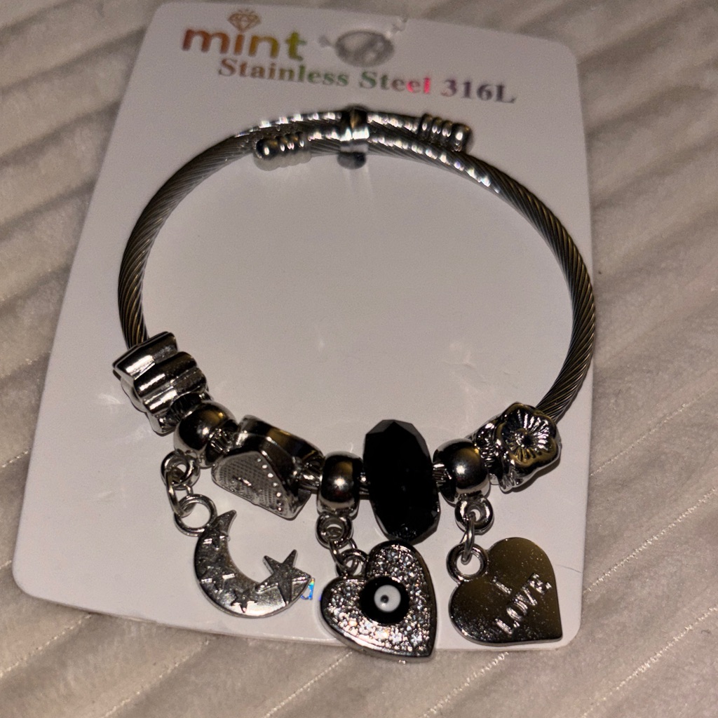 Mint Silver-Tone Charm Bracelet With Black Accent Bead